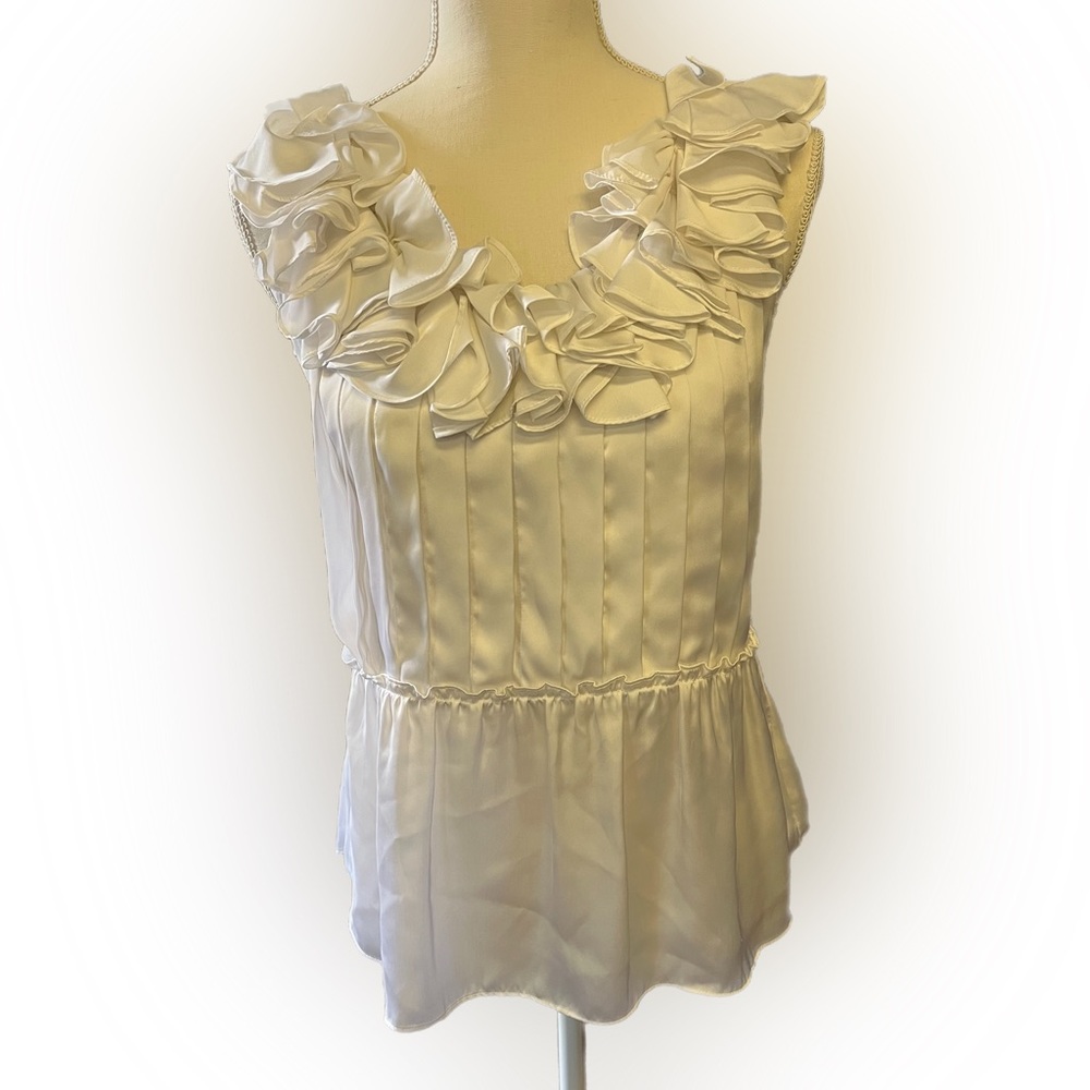 BEBE white satin sleeveless ruffled tank top. Size Small.